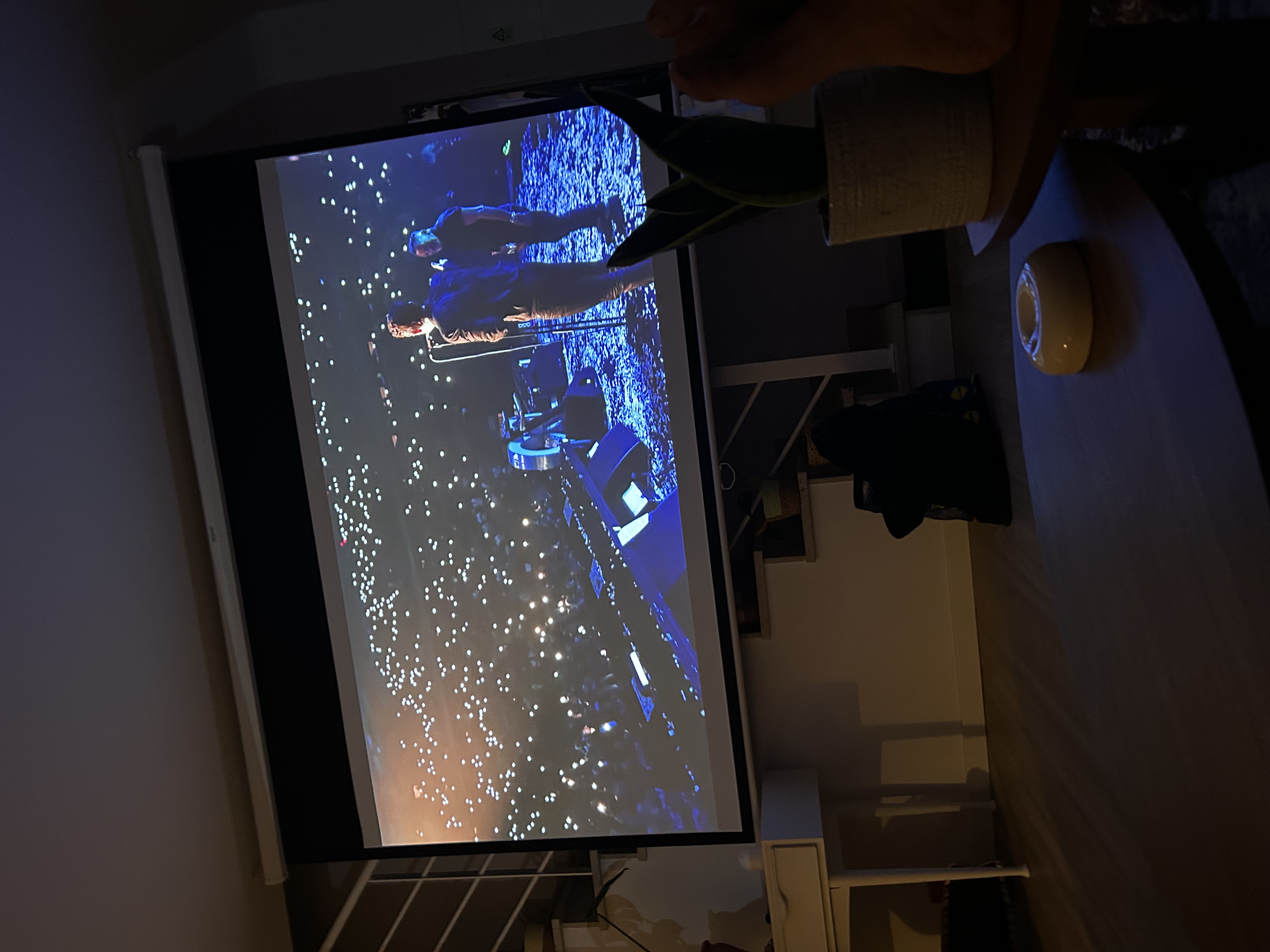 Film night with projector screen in the living room